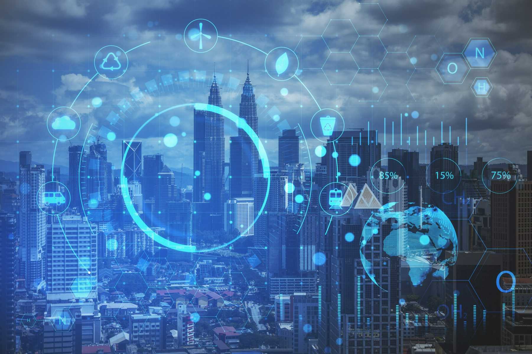 Digital ecosystem illustration showing a connected smart city with sustainability, data, and technology icons overlaid on a skyline