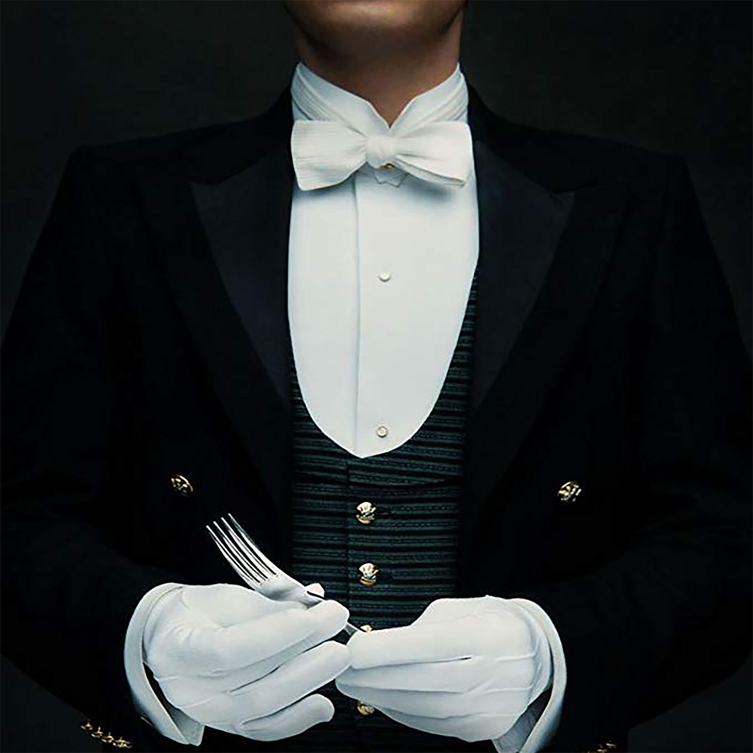 Licensed Downton Abbey music cover art, formal butler service imagery, marketing project by Content Marketing Guru